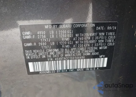 2025 Subaru Outback Premium из США, поврежденный, VIN 4S4BTACC1S3144486